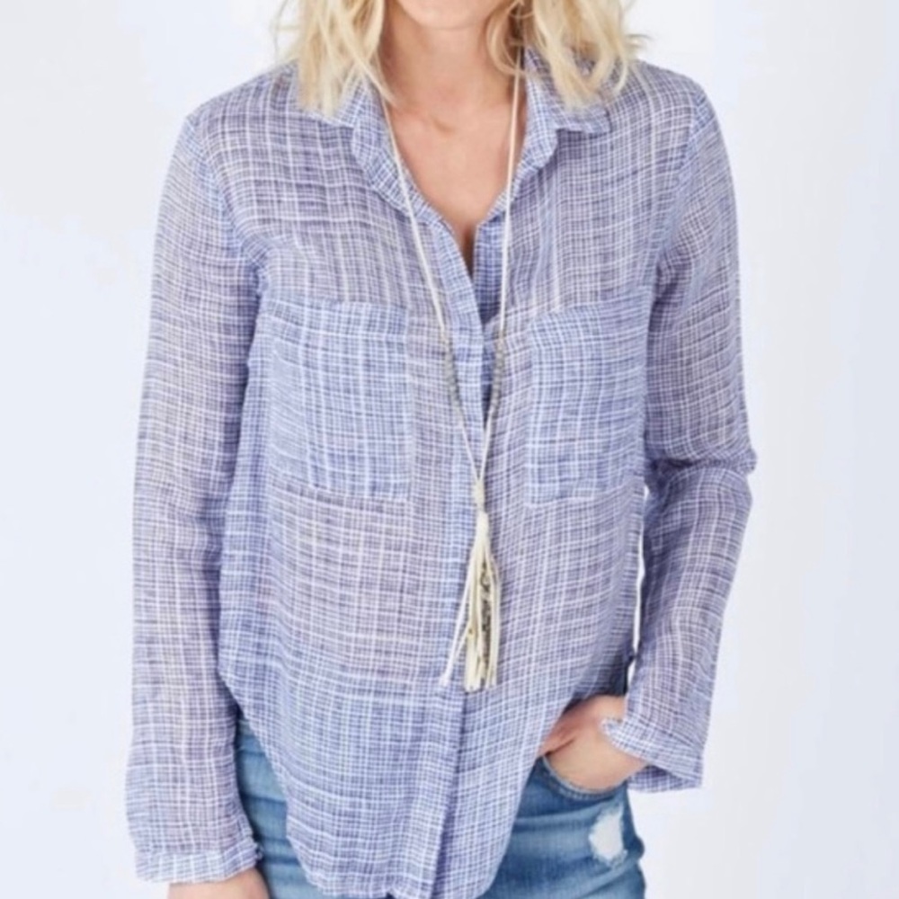 Anthropologie Cloth & Stone Grid Hipster Button Down Shirt Blue Women’s Large